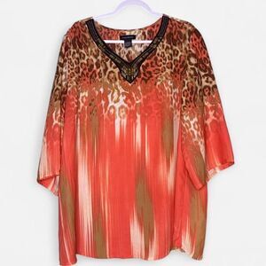 Ashley Stewart Women's Orange Brown Leopard Print Beaded Blouse Size XL